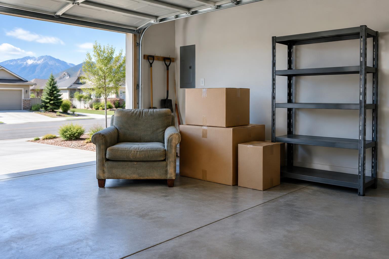 Unwanted armchair, plain boxes and shelving grouped in a residential garage