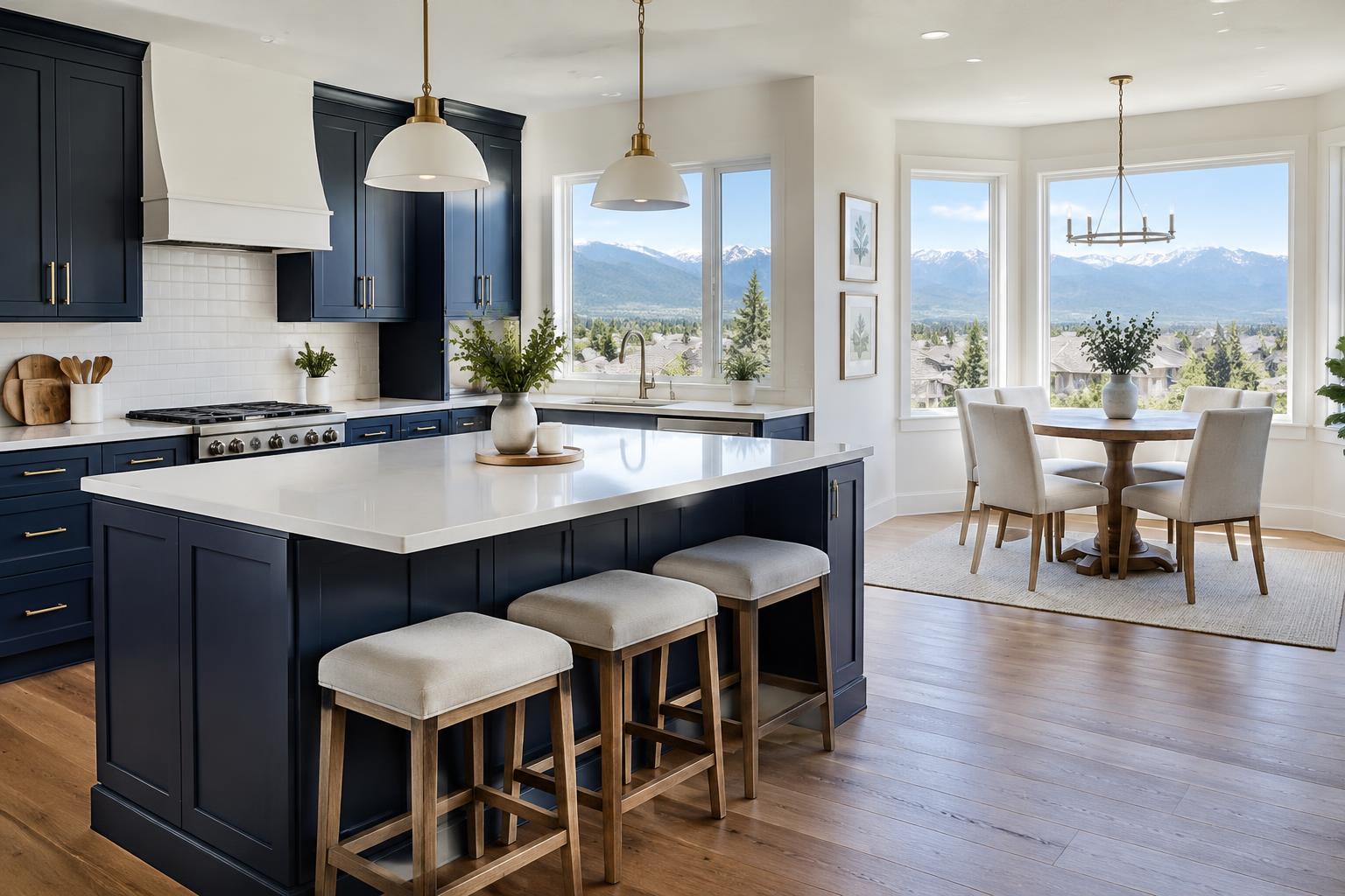 Clean kitchen with white countertops and navy cabinets