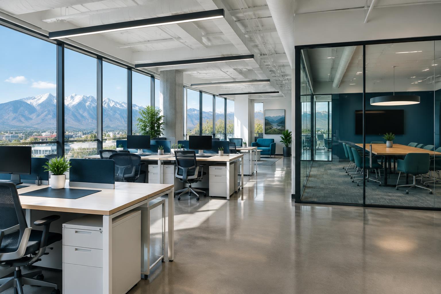 Clean office with tidy desks and a glass meeting room
