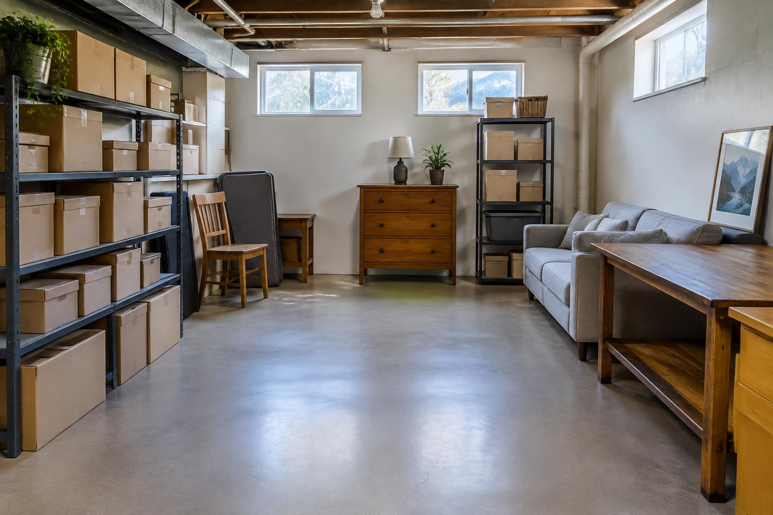 Organized basement storage with boxes and spare furniture